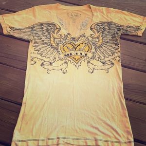 Sinful yellow V Neck Tee with rhinestones